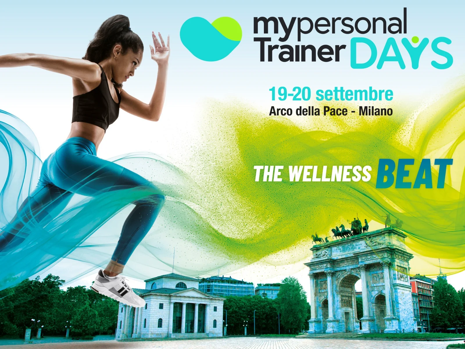 Donna che corre sullo sfondo dell'Arco della Pace di Milano, promozione My Personal Trainer Days.